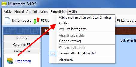 Knappen för att ta med alla lån på kvittot har flyttats från knappraden till menyraden. Knappen för omlån har flyttats Tidigare fanns knappen Omlån i knappraden i Expeditionen.