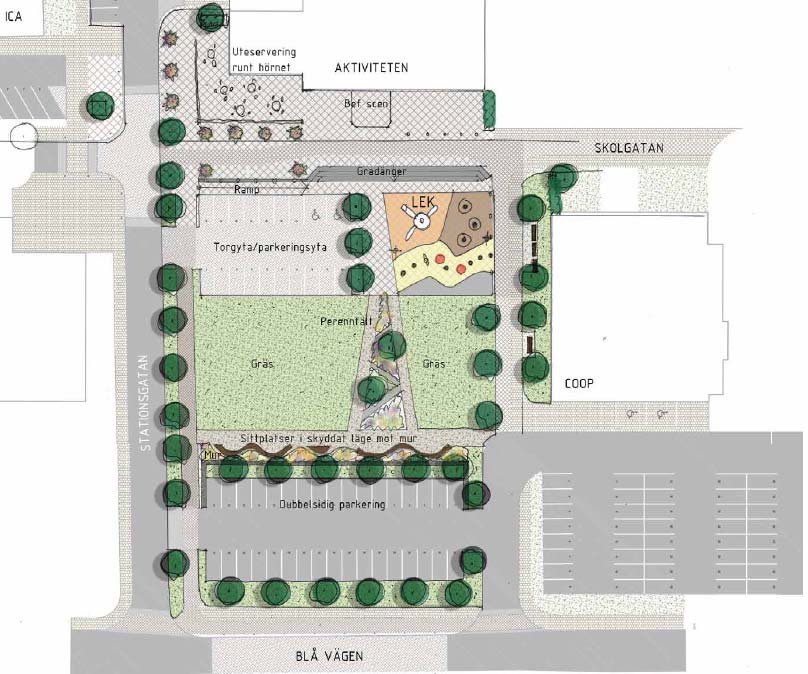 BEHOVSBEDÖMNING Er beteckning Sida 6 av 10 Utdrag från rapport Utveckling av Storumans centrum (Tyréns september 2015). Visar en illustration på det framtida park och torgområdet, bilfritt torg.