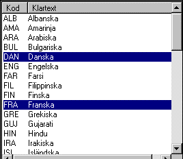 Vid inmatning av koder där man kan välja flera koder, som t ex språk på huvudbilden, finns en speciell typ av kodlista.