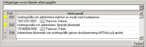 Här kan man koppla arbetsuppgiften till en specifik vårdtagare genom att ange ett personnummer i första kolumnen eller klicka på -knappen och söka personen.