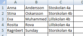 4. Importera spelare Ett bra alternativ till att mata in alla turneringsdeltagarna i Lotta är att göra det i ett kalkylprogram, exempelvis Excel. Mata in uppgifterna i tre kolumner.