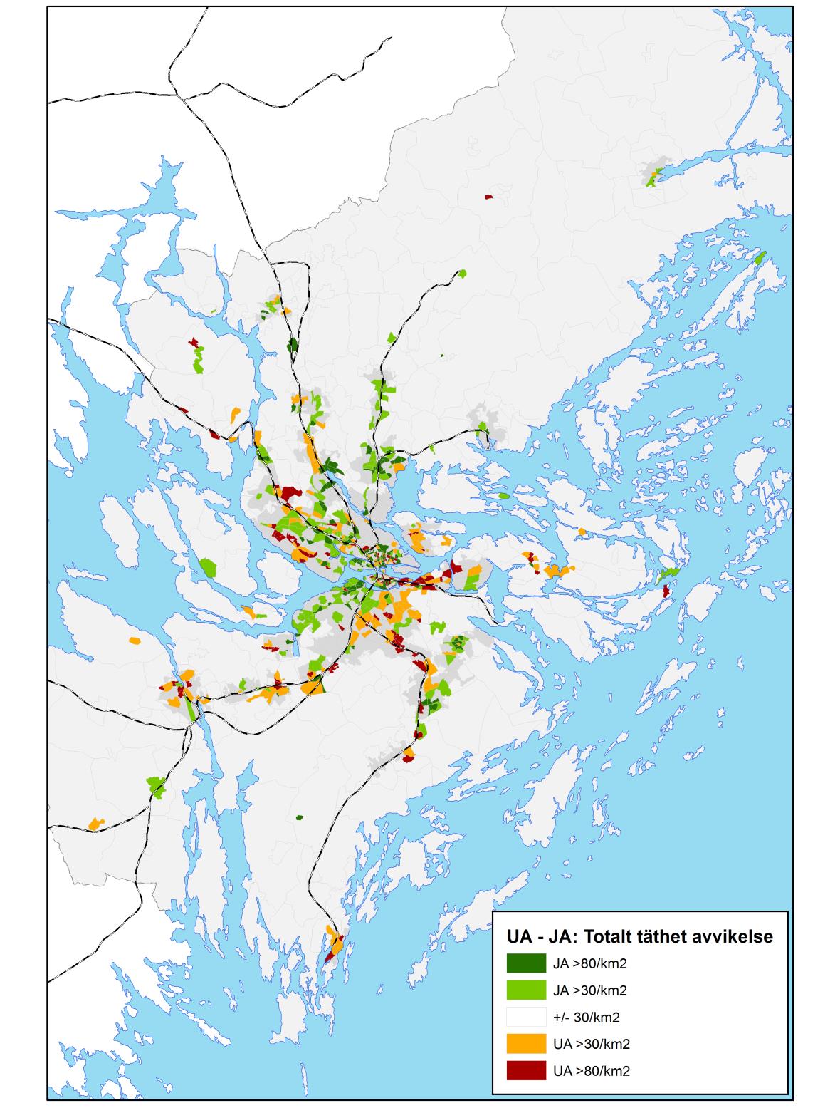 Figuren nedan visar skillnad i täthet (antal personer och arbetsplatser per km 2 ) per trafikzon mellan UA och JA.