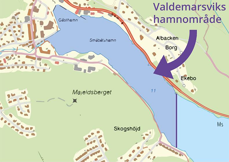 Bild 3. Gränser vid vatten utanför hamnen vid Valdemarsvik hamn, 7 Varning och alarmering 7.