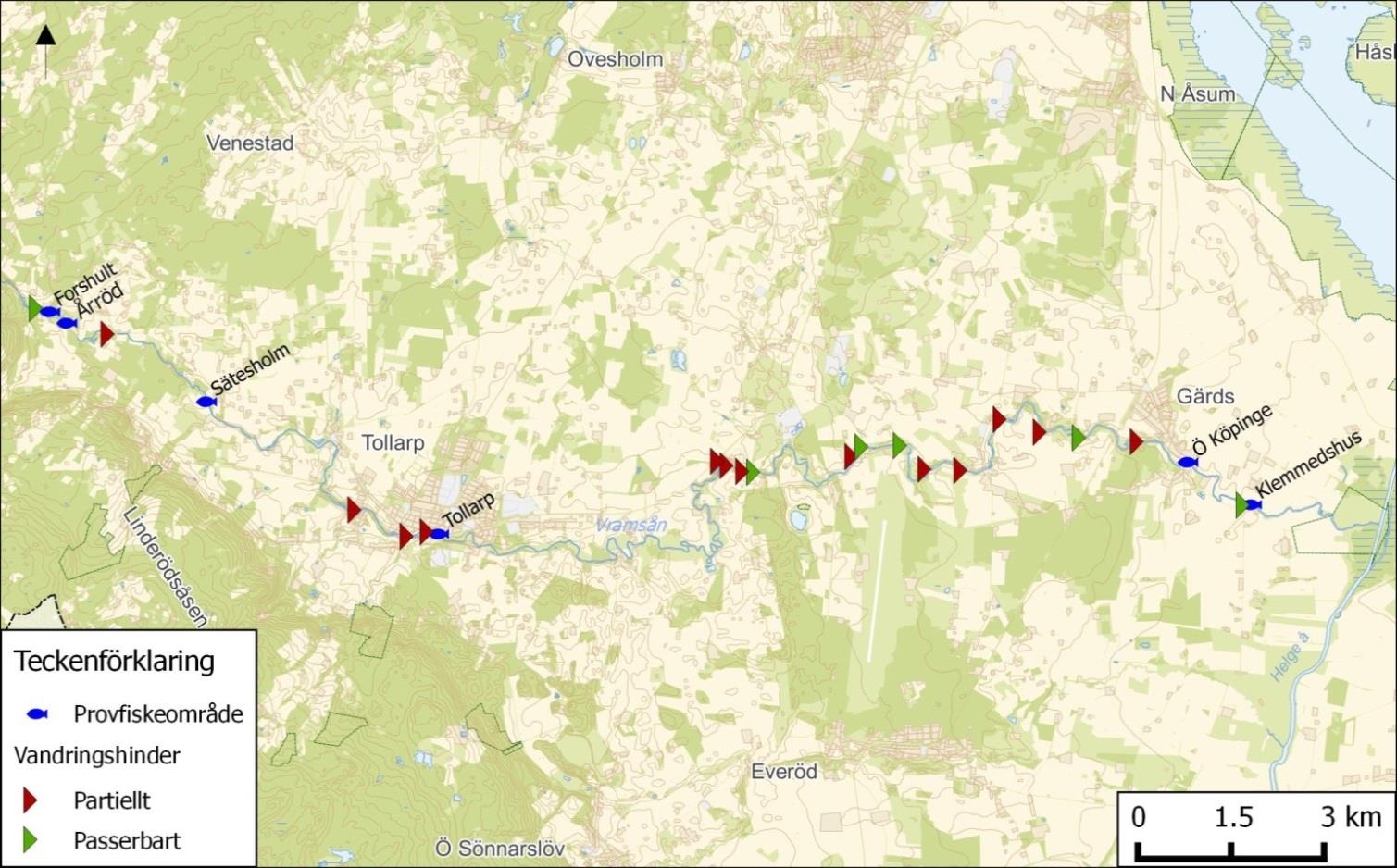 Tabell 3. Tabellen visar fångade arter vid elfiske i Vramsån mellan 1990 och 2014.