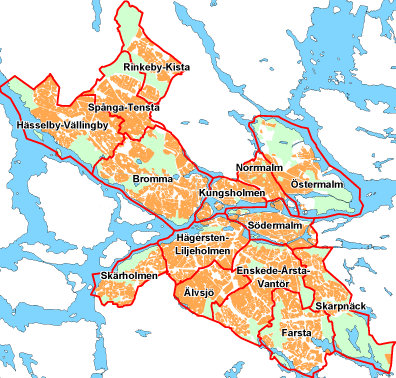 3. Stockholms stad: geografisk struktur och befolkningssammansättning Stockholm stad är indelad i 14 stadsdelsnämnder som ansvarar för varsitt avgränsat geografiskt område.