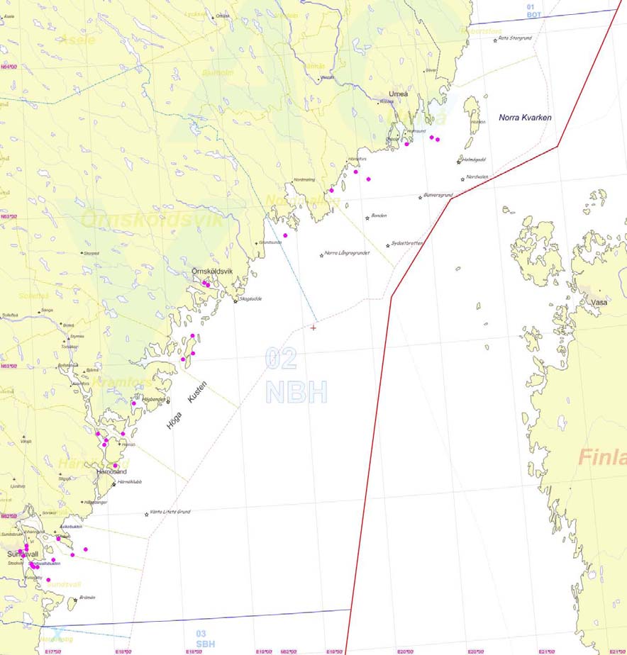 Norra Bottenhavets SAR område Karta : Norra Bottenhavets SAR område med markerade