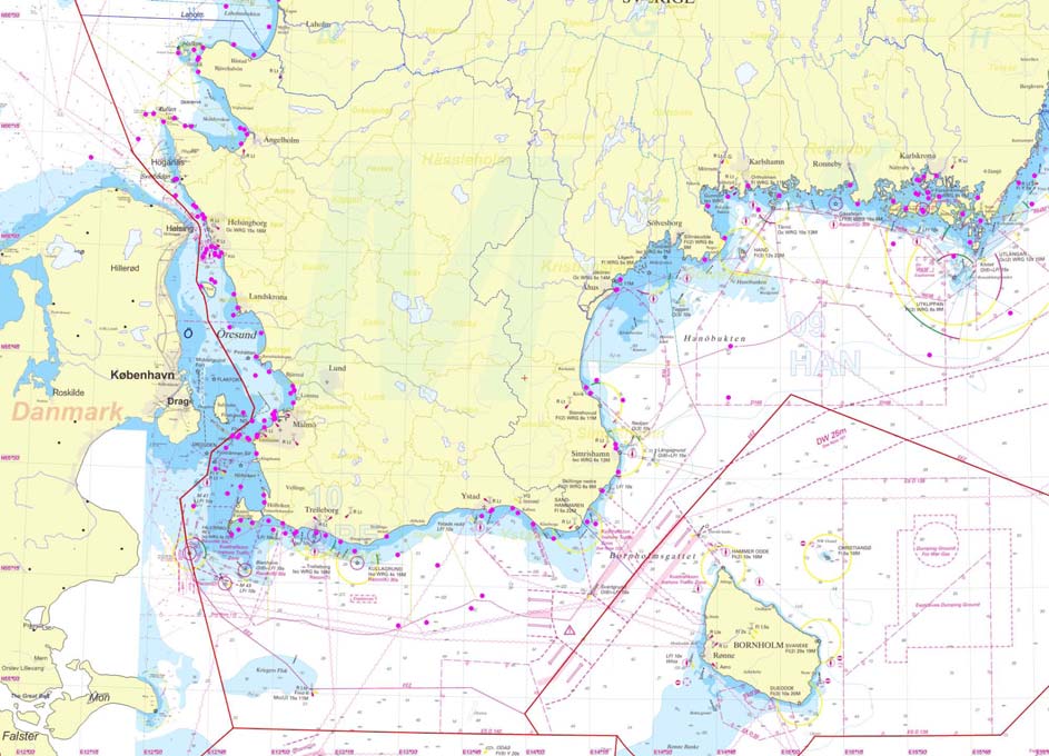 Öresunds SAR område Karta : Öresunds SAR område med markerade ärenden