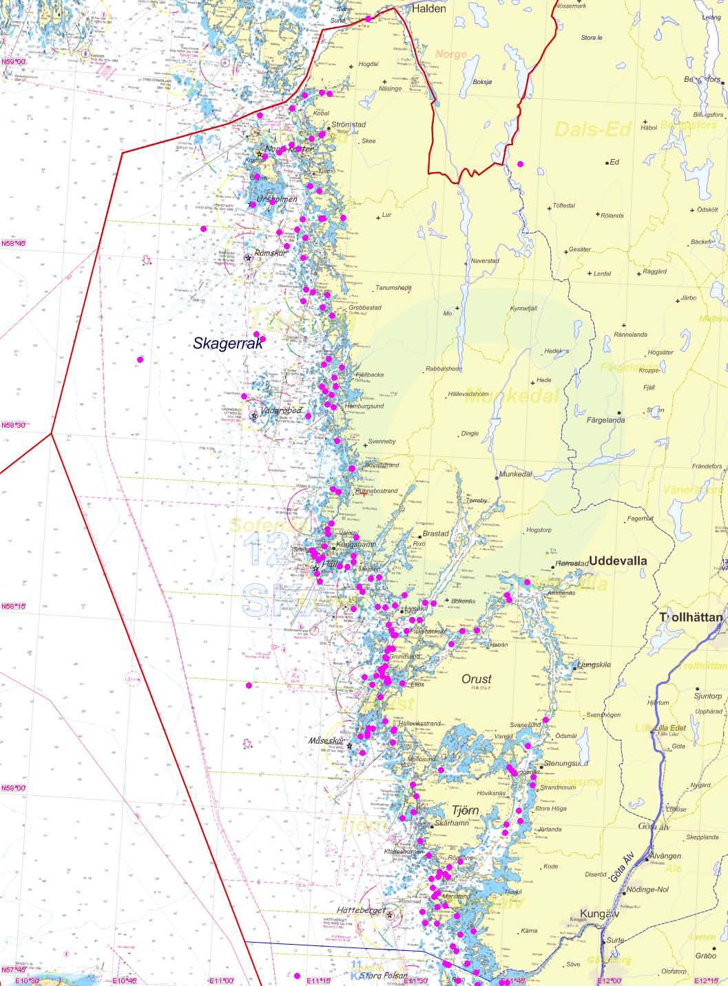 Skagerraks SAR område Karta : Skagerraks SAR område med markerade