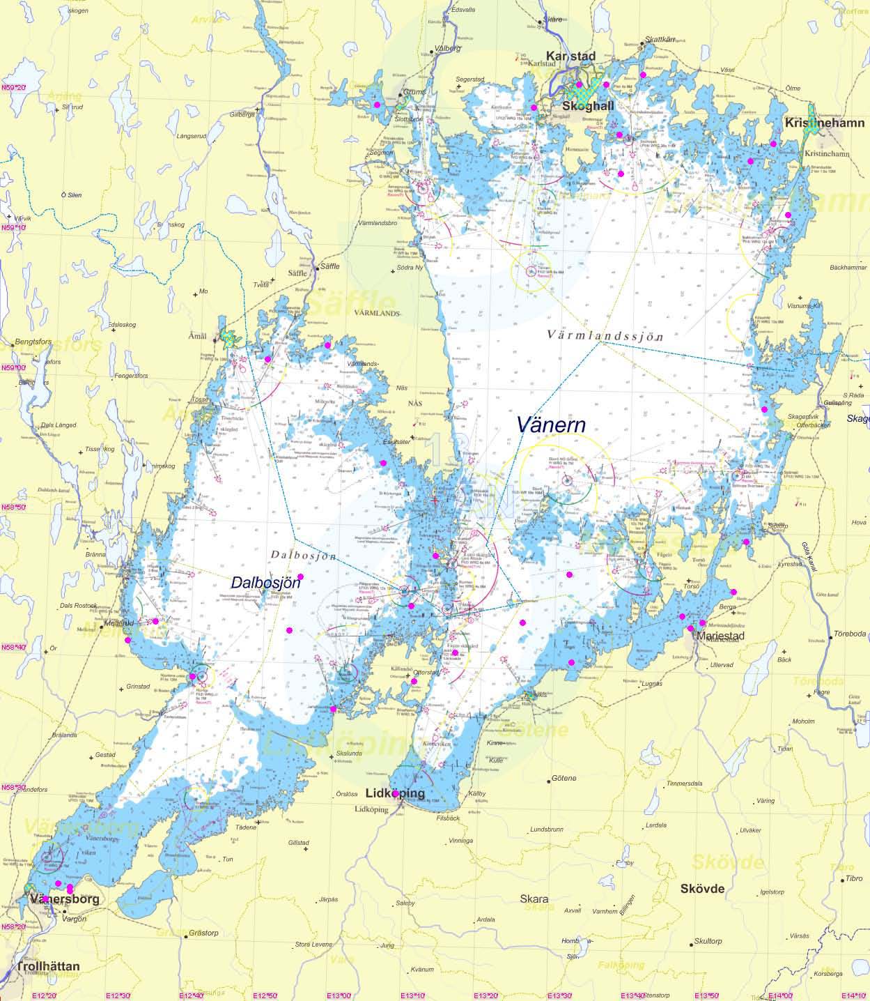 Vänerns SAR område Karta : Vänerns SAR område med markerade ärenden