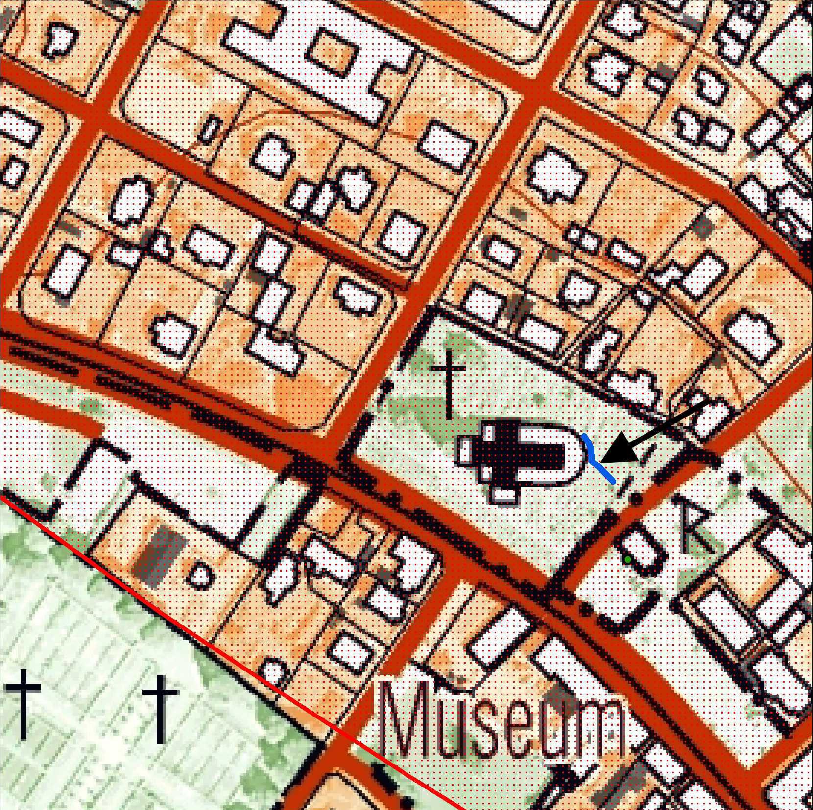 Fig. 4. Utdrag ur Fastighetskartan med det schakt som schaktningsövervakades markerat med blått. RAÄ 24, Båstads medeltida stadslager, är markerat med rött raster. Skala 1:2000.