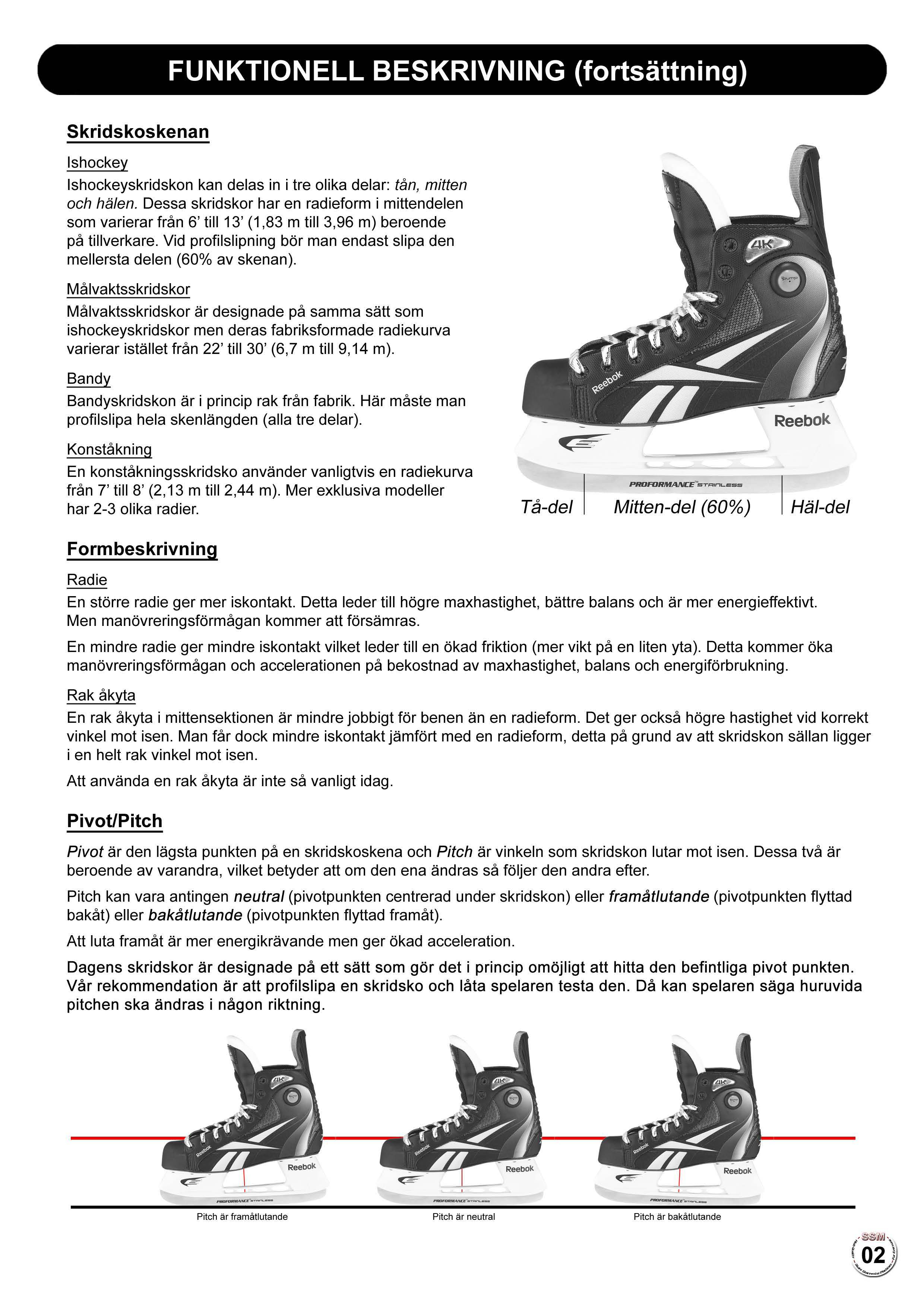 FUNKTIONELL BESKRIVNING (fortsättning) Skridskoskenan Ishockey Ishockeyskridskon kan delas in i tre olika delar: tån, mitten och hälen.