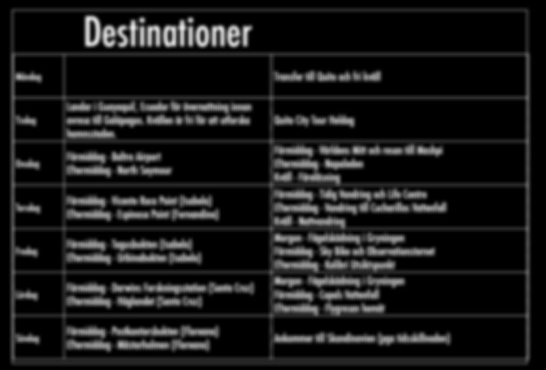 Destinationer Måndag Transfer till Quito och fri kväll Tisdag Onsdag Torsdag Fredag Lördag Söndag Landar i Guayaquil, Ecuador för övernattning innan avresa till Galápagos.