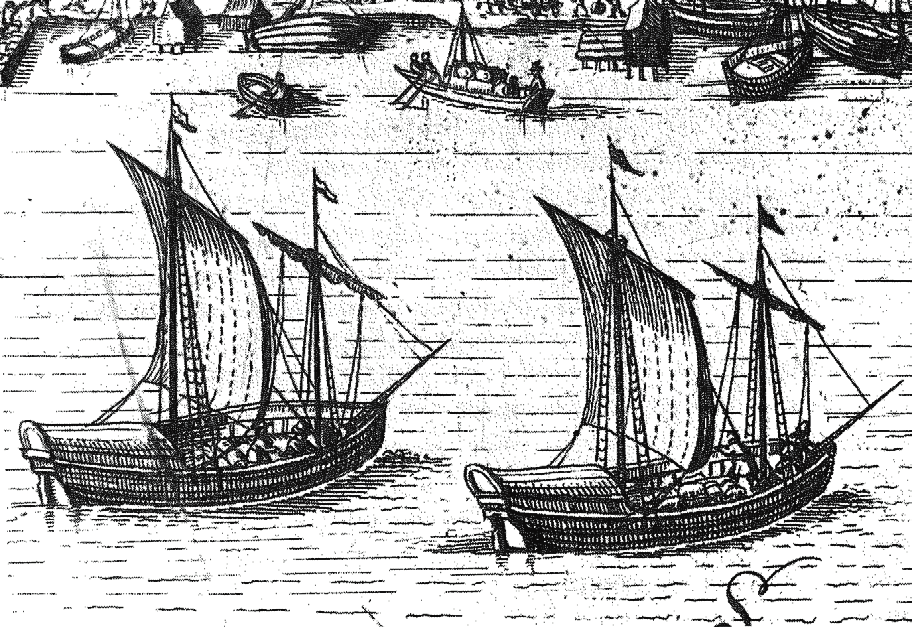 ri med tanke på förlisningsplatsen. Tunnorna kan vara en del av lasten, en last bestående av beck eller tjära. På en panoramabild från 1647 kan två skepp ses segla med full last av tunnor (fig. 12).