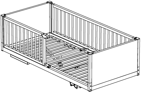 ) () Placera grinden så att de båda styrstiften i sängbottnen löper in i mässings-bussningarna på grindens undersida. 2.