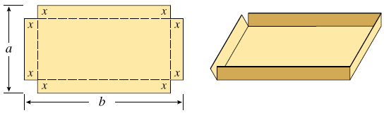 HH/IDE/BN Matematisk Modellering, Övning 2 5 33. Från ett rektangulärt pappersark skär man bort en kvadrat med sidan från varje hörn. Resten av pappersarket viks till en öppen låda.