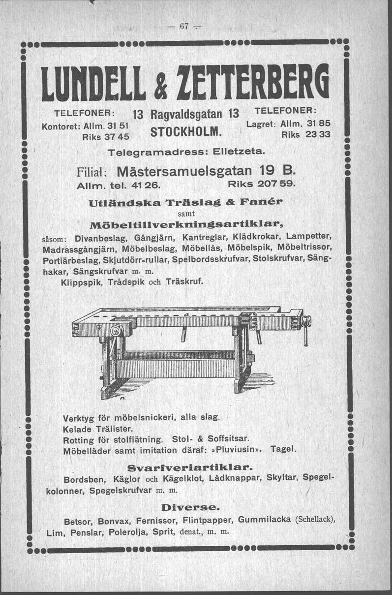 - C'r - 67 -;-.1..,.lunOEli & ZETTERBERG.1 TELEFONER: 13 Ragvaldsgatan 13 TELEFONER: Kontoret: Allm. 31 51 ST~O'C'KH' OLM. Lagret: Allm. 3185. Riks 3745 Riks 2333 Telegramadress: Elletzeta.