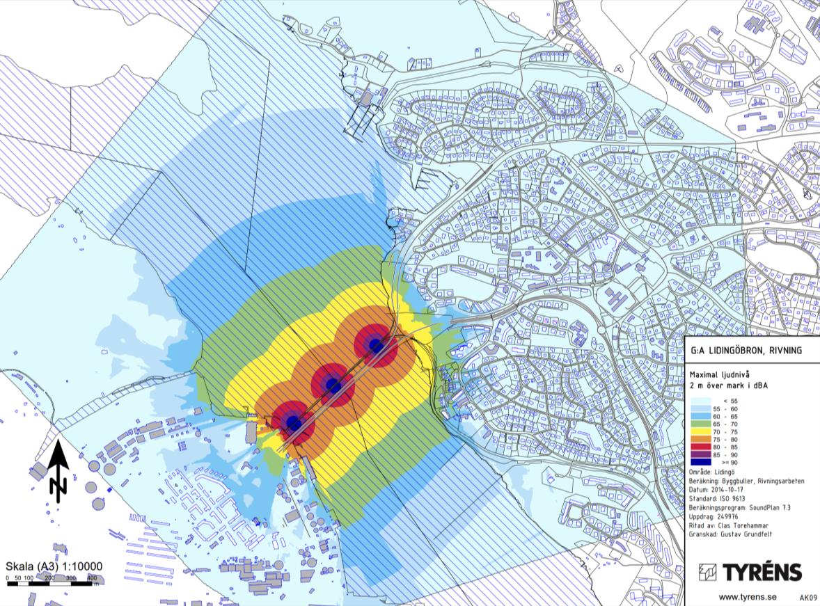 117 Figur 39. Bilden visar beräknade maximala ljudnivåer vid ett värsta scenario under rivningsskedet (Bild: Tyréns AB).