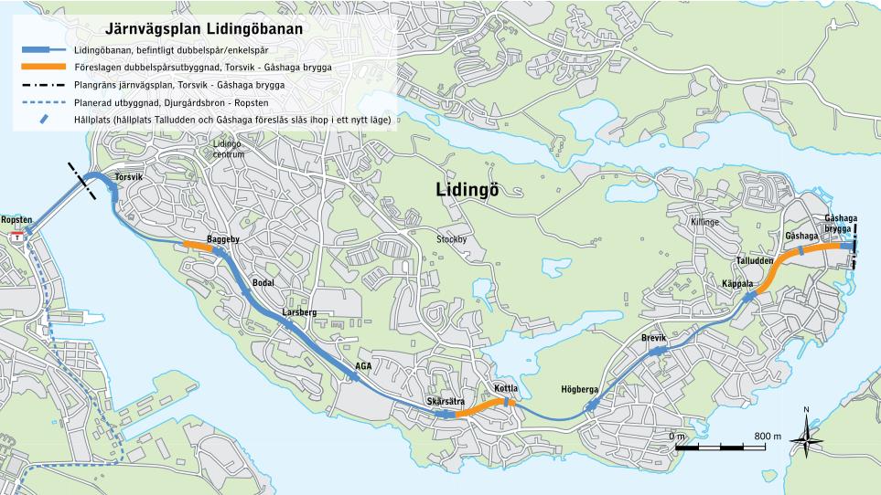 56 Lidingöbanan/Spårväg City Lidingöbanan sträcker sig från Gåshaga brygga i västra Lidingö, via Gamla Lidingöbron till Ropsten i Stockholm stad.