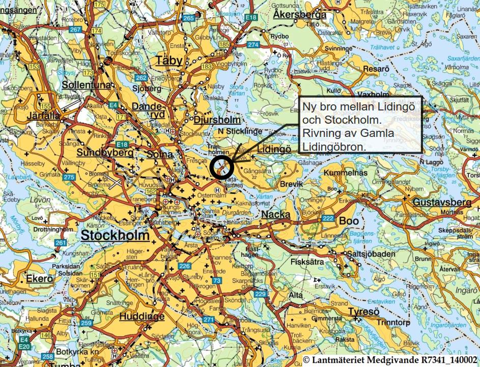 7 Figur 1. Översiktskarta som visar var den nya bron är planerad att byggas samt Gamla Lidingöbrons läge (Lantmäteriet 20