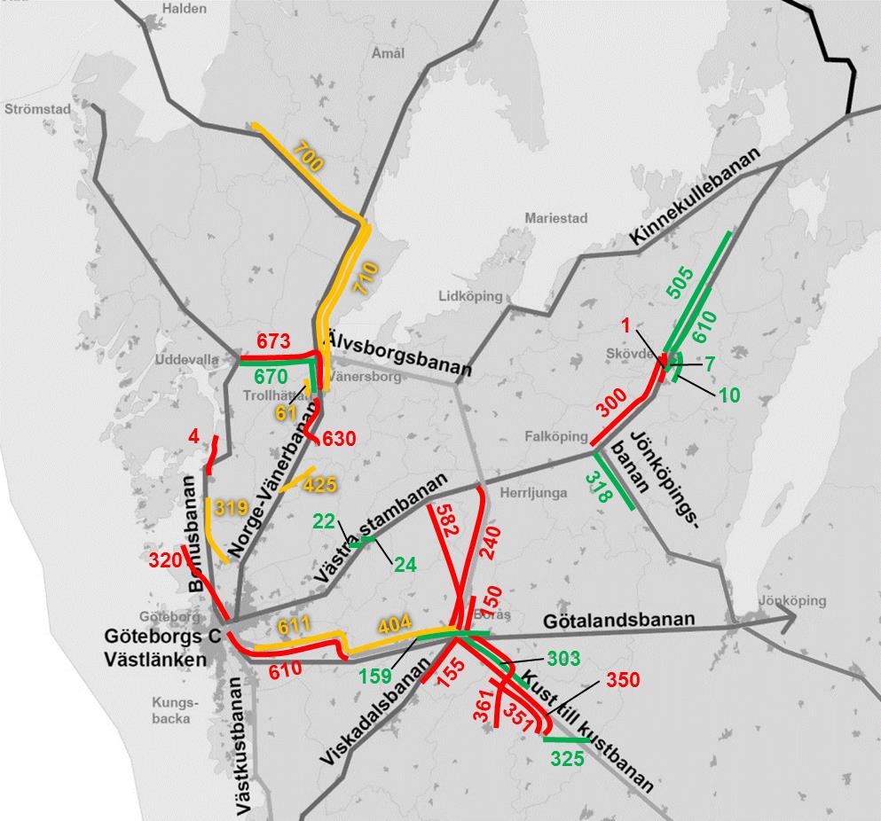 6 Figur 1-4 Busslinjer som berörs av eventuella nya tågsatsningar. Färgen visar maximal besparingspotential se punktsatserna ovan. Påverkan på genomresandet pga.
