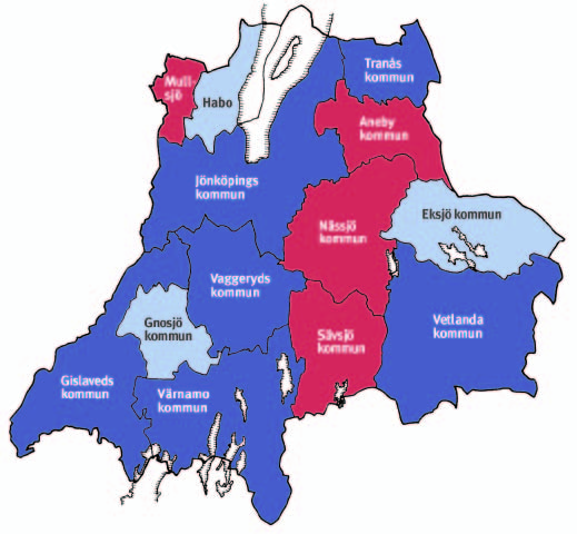 Kommunerna i Jönköpings län 006 Förklaring, kartan Kartan på denna sida bygger på att kommunerna i Jönköpings län graderas efter hur finansiellt stark den enskilda kommunen var under 006 när det
