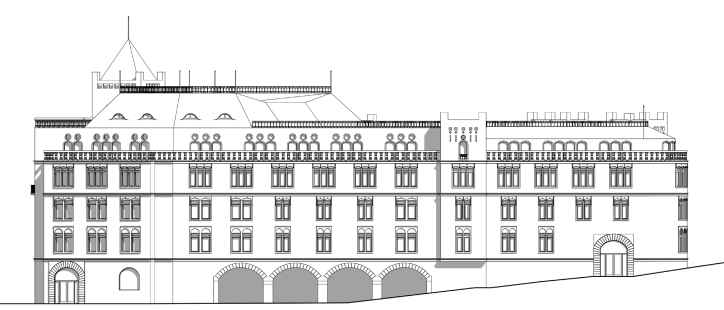 Vänster: Illustration Kv Byggmästaren. Nedan: Situationsmodell Sigfridshäll. Nedan höger. Fasad Sigfridshäll. medvetet bryta upp den linjära berättelsen.