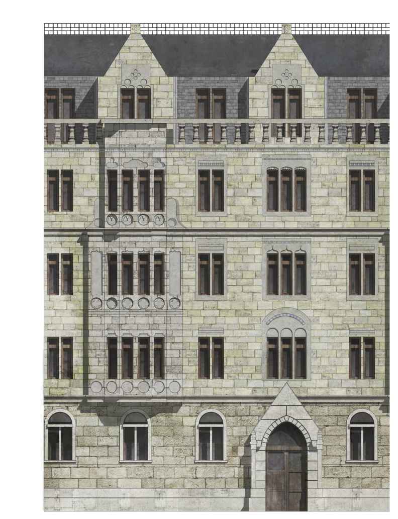Nedan: Fasad Sigfridshäll och Kv Byggmästaren, med befintlig bebyggelse. Längst ned: Fasadutsnitt från det pågående Kv Byggmästaren.