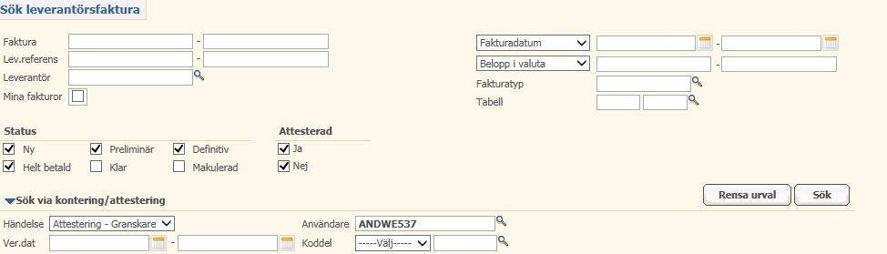 Leverantörsfakturaportal/Internfakturaportal Sök faktura Förbättrad sökningsfunktion finns i för fakturor i Fakturor/Sök. Ändringar i ditt urval: Du kan göra urval med intervall i fälten Lev.