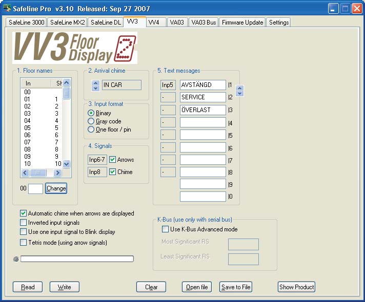 RAMMERA VV3 MED SAFELINE PRO Med datorprogrammet SafeLine Pro kan ingångarna programmeras på ett enkelt sätt. De fasta meddelandena kan ändras och nya läggas till för överföring till VV3.