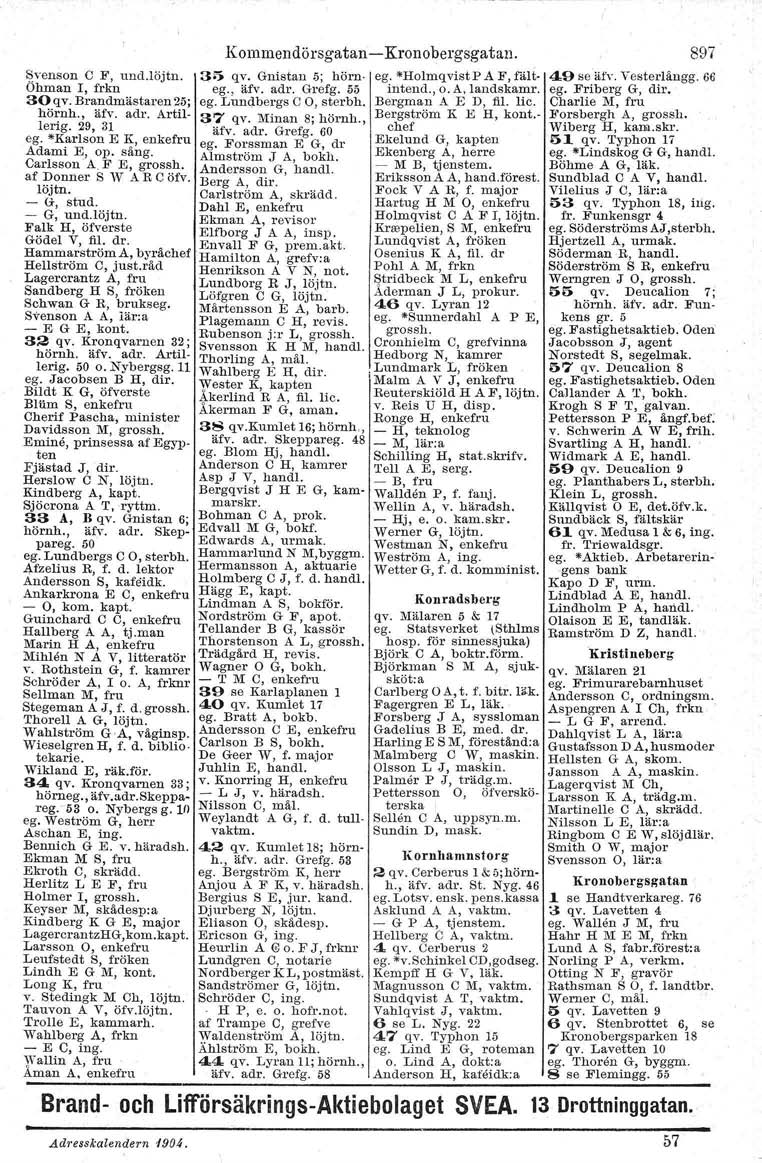 ~yenson C F, uud.iöjtn. Ohman I, frkn 30 qv. Brandmästaren 25; hörnh., äfv. adr. Artillerig. 29, 31 ego *Karlsoll E K, enkefru Adami E, op. säng. Carlsson A, F E, grossh. af Donner S W AR C öfv.