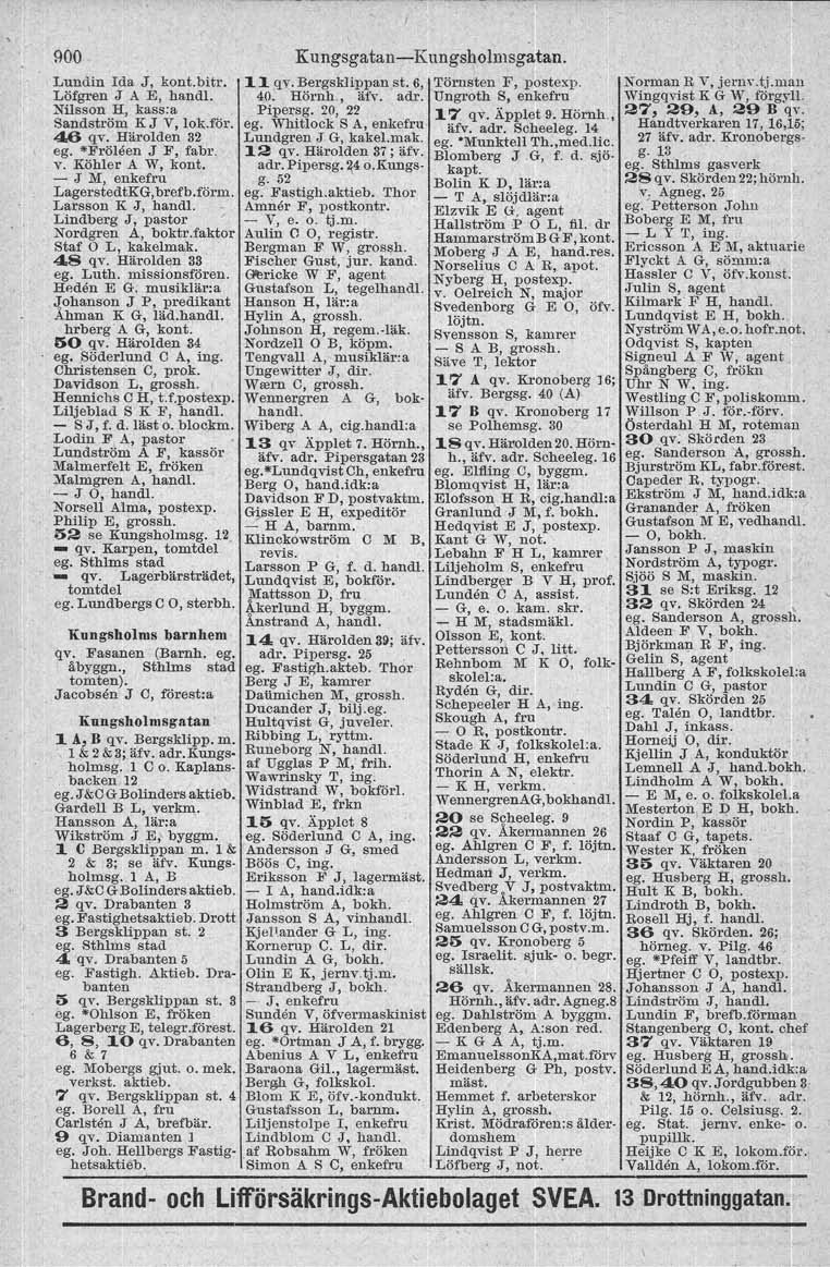 900 Lundin Ida J, kont.bitr. Löfgren J A E, handl. Nilsson H, kass:a Sandström KJ V, lok.för. 46 qv. Härolden 32 ego *Fröleen J F, fabr. V. Köhler A W, kont. - J M, enkefru LagerstedtKG, brefb.törm.