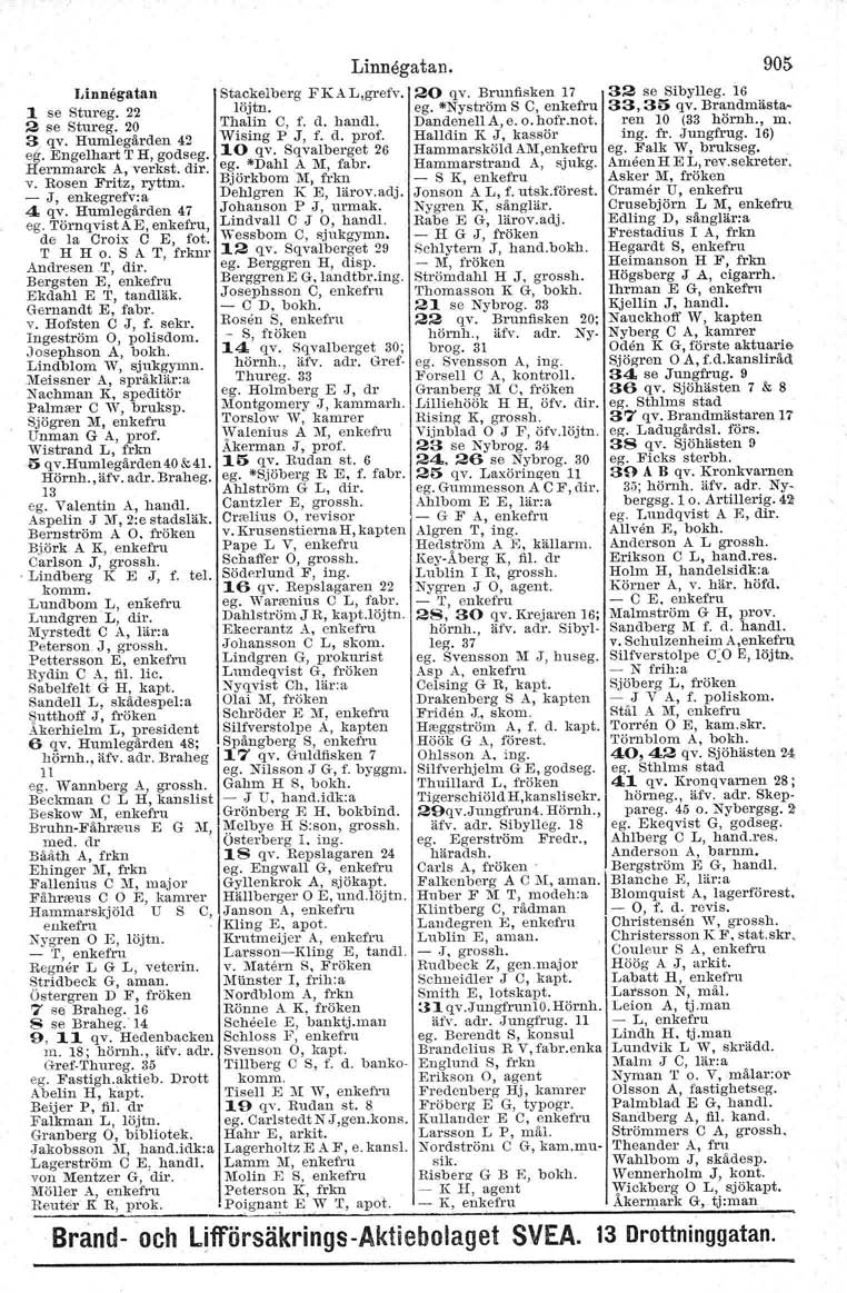 Linnegatan 1 se Stureg. 22 2 se Stureg. 20 3 qv. Humlegården 42 egoengelhart T H, godseg. Hernmarck A, verkst. dir. v. Rosen Fritz, ryttm. - J, enkegrefv: a 4 qv.