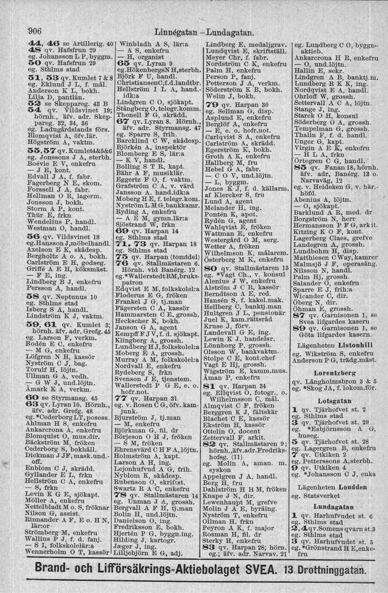 906 44, 46 se Artillerig. 40 Winbladh A S, lär:a Lindberg E, medalj grav. eg. Lundberg C 0, byggd-- 48 qv. Hafsfrun 29 - A S, enkefru Lundqvist E, skriftstäl!. aktieb. eg. Johansson L P, byggm.