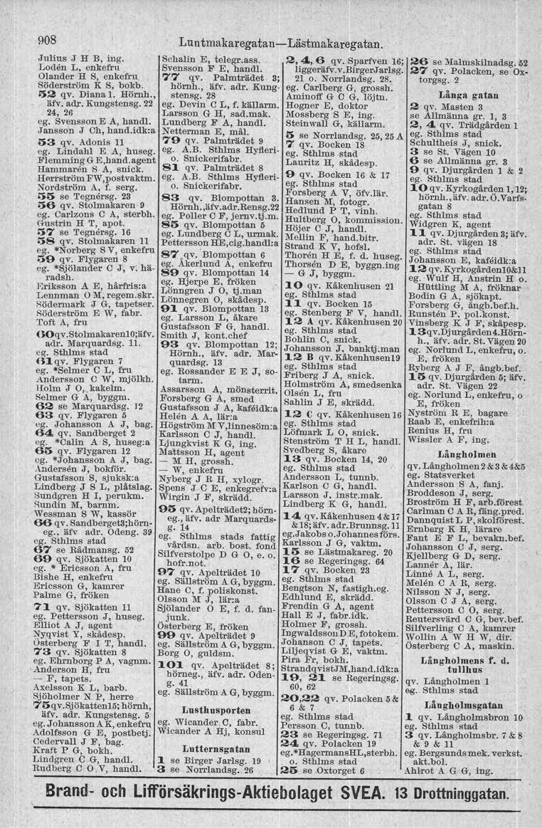908 Julius J H B, ing. Loden L, enkefru Olander H S, enkefru Söderström K S, bokb. 52 qv. Diana 1. Hörnh., äfv. adr. Kungstensg. 22 24, 26 ego Svensson E A, handl..jansson J Ch, hand.idk:a {S3 qv.
