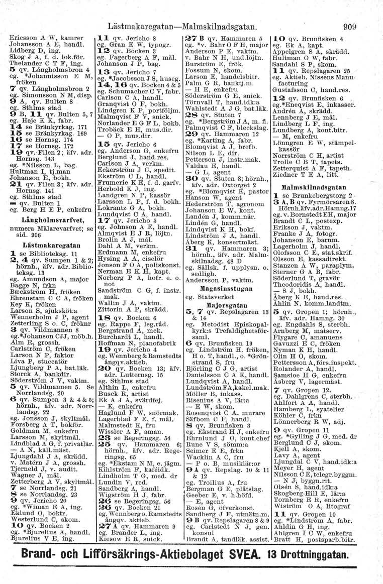 Lästrnakarega tan- Ericsson A''', kamrer 11 qv. Jericho 8 Johansson A E, handl. ego Gran E Vit',typogr. Lidberg D, ing. 12 qv. Bocken 3 Skog J A, f. d. lok.för. ego Fagerberg AF, mål.