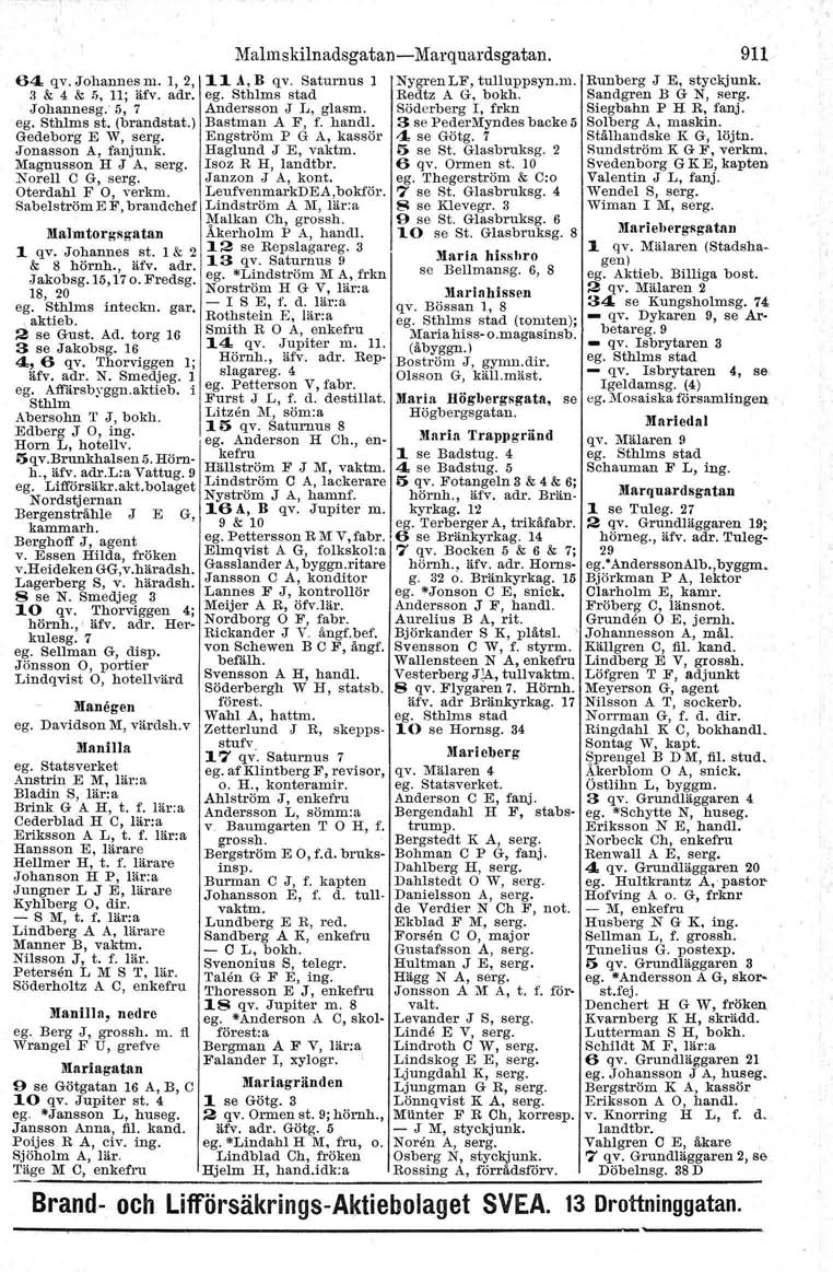 64 qv.uohaanes m. 1, 2, 3 & 4 &.5, 11; äfv. adr, Johannesg. 5, 7 ego Sthlms st. (brandstat.) Gedeborg E W, serg. Jonasson A, fanj unk. Magnusson H J A. serg. Norell C G, serg. Oterdahl F O, verkm.