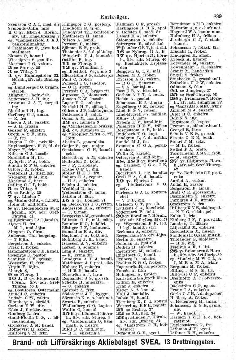 Svensson C A I, med. d.r Symonds-Ohltu, mrs 1 C qv. Eken 4. Hörnh., äfv. adr. Engelbrektsg. 2 eg. *Langenskiöld B K J, bankofullmäktig. d'orchimont F, l:ste hofstallmäst.