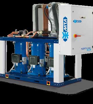 NEPTUNE tech hermetiska scroll- Vätskekylda vätskekylare, värmepumpar och kondensorlösa versioner med kompressorer. Kyleffekt 241-572 kw, Värmeeffekt 281-662 kw.