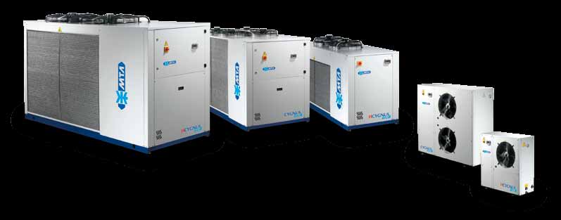CYGNUS tech Luftkylda vätskekylaggregat, värmepumpar, kondenseringsaggregat och reversibla enheter med rotation eller hermetiska scrollkompressorer. Kyleffekt 4,3-67 kw, värmeeffekt 4,6-68 kw.