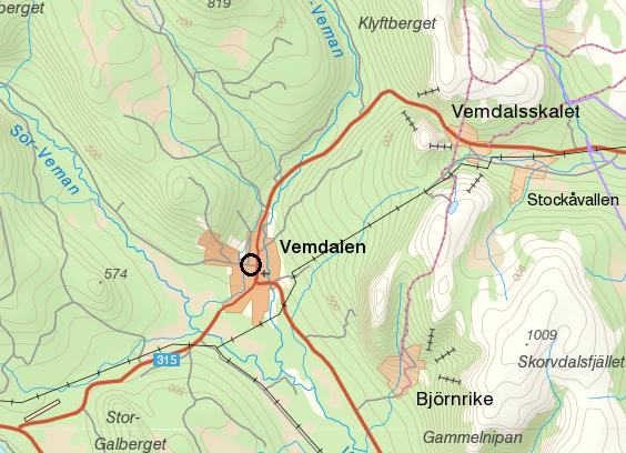Figur 1. Utredningsområdet återfinns centralt i Vemdalens kyrkby i Härjedalens kommun, Jämtlands län. Skala 1:125 000.