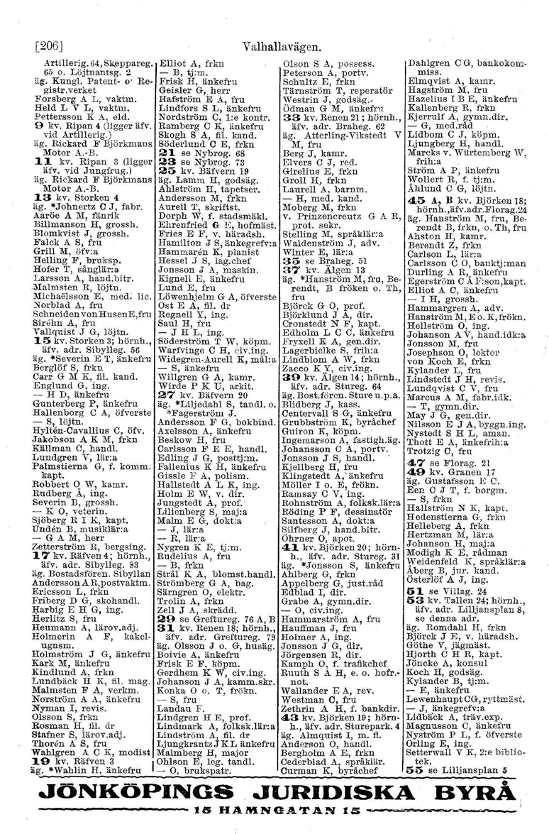 [206 J Valhallavägen. Artillerig. 64,Sk-eppareg. Elliot A, frkn 65 o. Löjtnantsg. 2 - B, tj:m. äg. Kungl. Patent- O' Re.. Frisk H, änkefru gistr. verket Gei.
