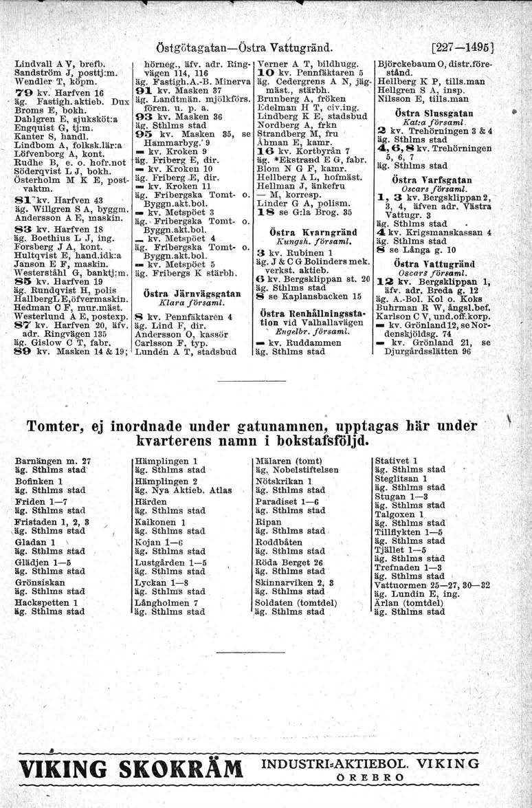 Lindvall A V, brefb: Sandström J, posttj :m. WendlerT, köpm. 79 kv.' Harfven 16 äg. Fastigh. aktieb. Dux Broms E, bokh., Dablgren E, sjuksköt:a Engquist G, tj:m. Kanter S, handl. Lindbom A, folksk.