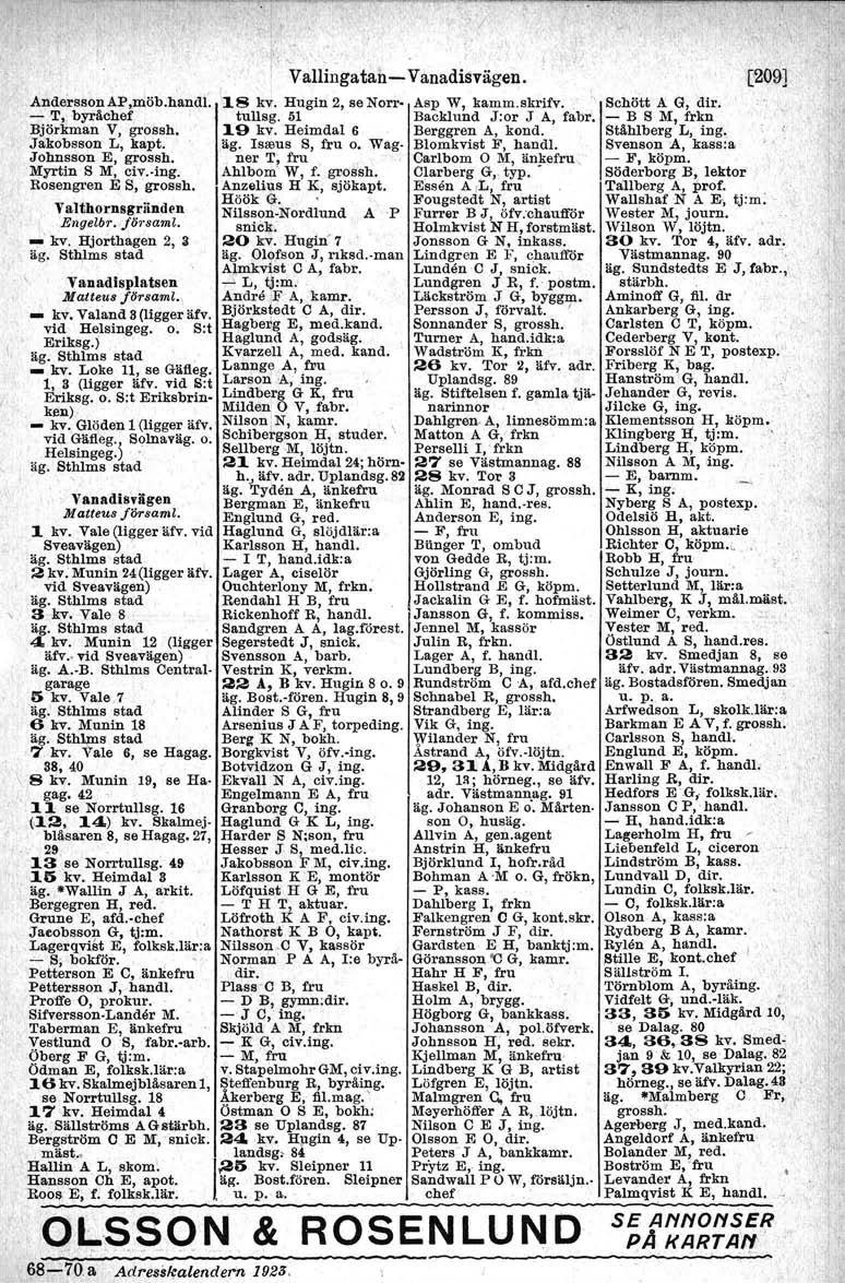 Andersson AP.möb.handl. - -T, byråchef Björll:man V, grossh, Jakobsson L, kapt, Johnsson E, grossh. Myrtin S M, civ..ing. Rosengren E S, grossh, Valthornsgri,nden EngelbT löj saml. - kv.
