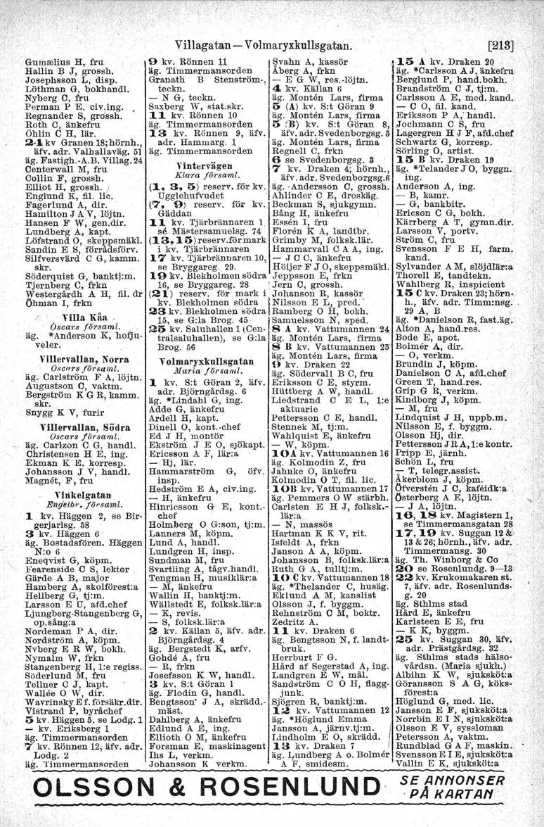 f' Gumsehus H,. fru Hallin B J, grossh, Josephsson L, disp. Löthman G, bokbandl. Nyberg C, fru Perm an PE, civ,ing. ~ Regnander S, grossh. Roth C, änkefru Öhlin C H, lär. 2.1 kv Granen 18;hörnh., äfv.