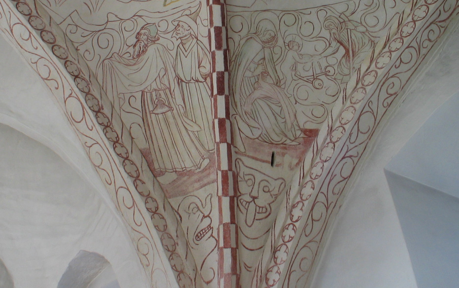 1977 Färlövs kyrka Konservering av målningar tillskrivna Anders Johannson (Linderödsmästaren) ca 1500. Anställd av konservator Våga Lindell Andersson.
