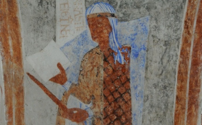 2014 Hemmesjö Gamla kyrka, Småland Konservering av fragmentariskt bevarade romanska målningar 1175 1200 i absid, kor och triumfbåge. Hemmesjö Gamla kyrka. Detalj av triumfbågens målningar.