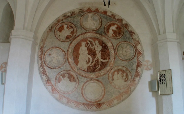 Norra Strö kyrka. Detalj av absiden. 1998 Åhus kyrka Konservering av tidig gotiska målningar från 1275 1300 i kor och långskepp. Åhus kyrka. Detalj av långhusets nordvägg.