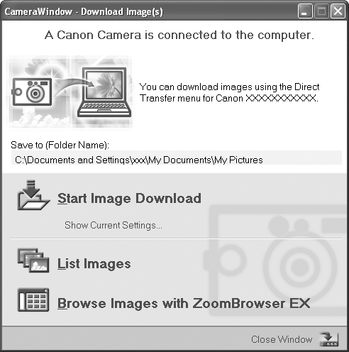 6 Klicka på [Set/Ställ in] i fönstret [CameraWindow Set Auto Launch/Ställ in automatisk start] (gäller endast första gången). Nu visas fönstret Download Image [Överför bild].