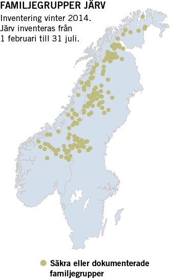 Figur 5. Förekomst av järv i Sverige 2014. Kartan visar familjegrupper av järv som har dokumenterats under inventeringsperioden (1 februari 31