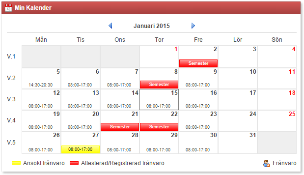 Flex HRM Time Användarmeddelande (december 2014) 19 Min kalender på startsidan På startsidan finns nu möjlighet att visa en kalender.